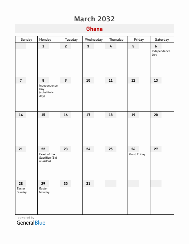 Ghana March 2032 Calendar with Holidays