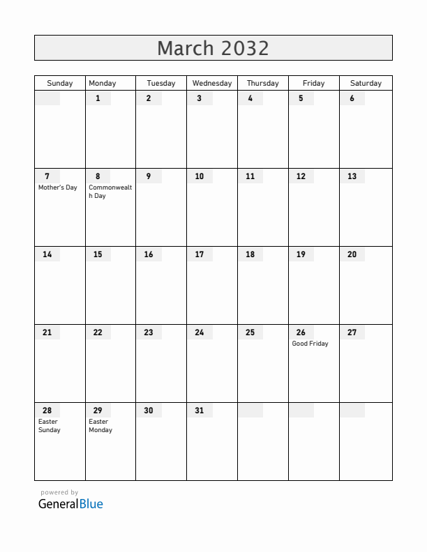 Gibraltar March 2032 Calendar with Holidays