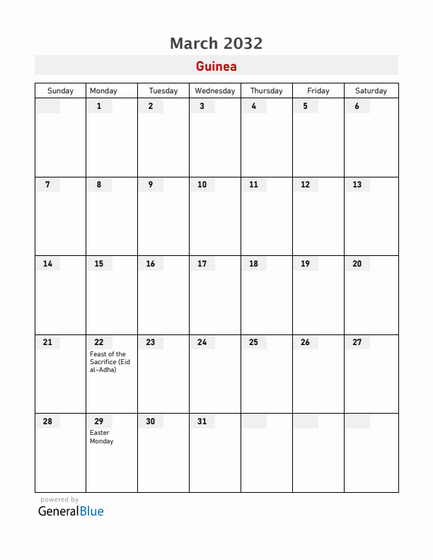 Guinea March 2032 Calendar with Holidays
