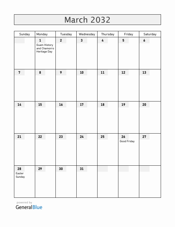 Guam March 2032 Calendar with Holidays