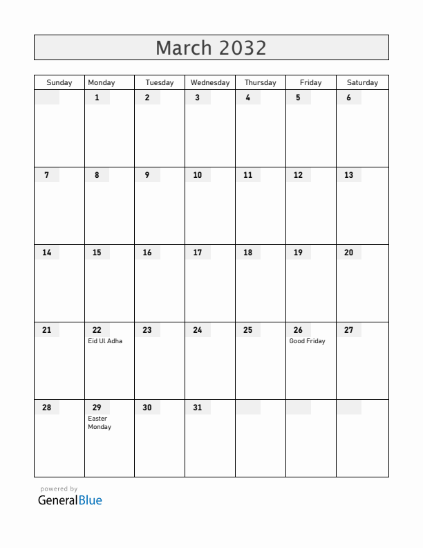 Guyana March 2032 Calendar with Holidays