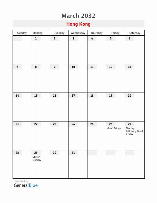 Hong Kong March 2032 Calendar with Holidays