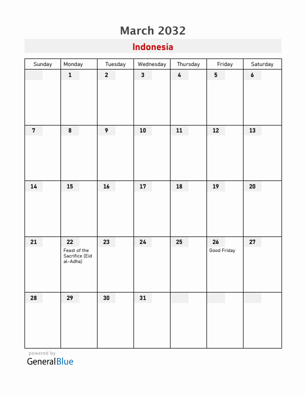 Indonesia March 2032 Calendar with Holidays