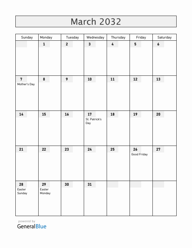 Ireland March 2032 Calendar with Holidays