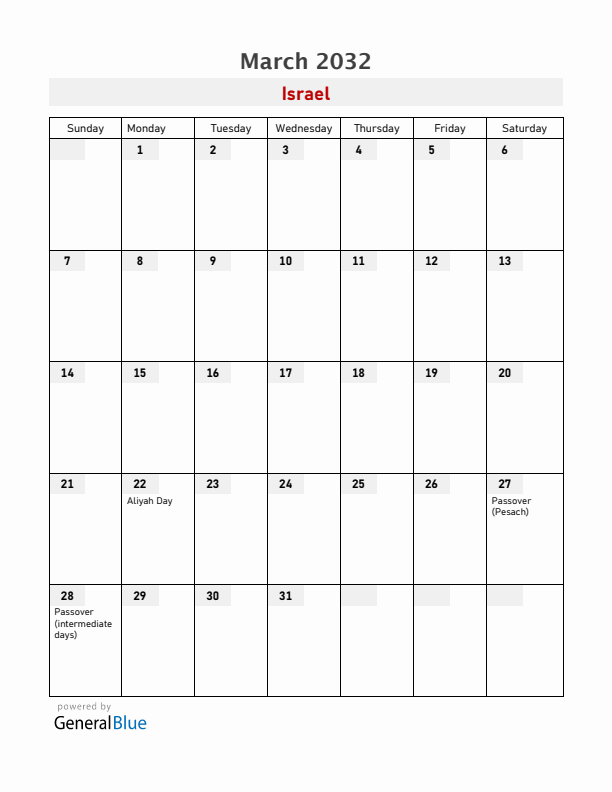 Israel March 2032 Calendar with Holidays