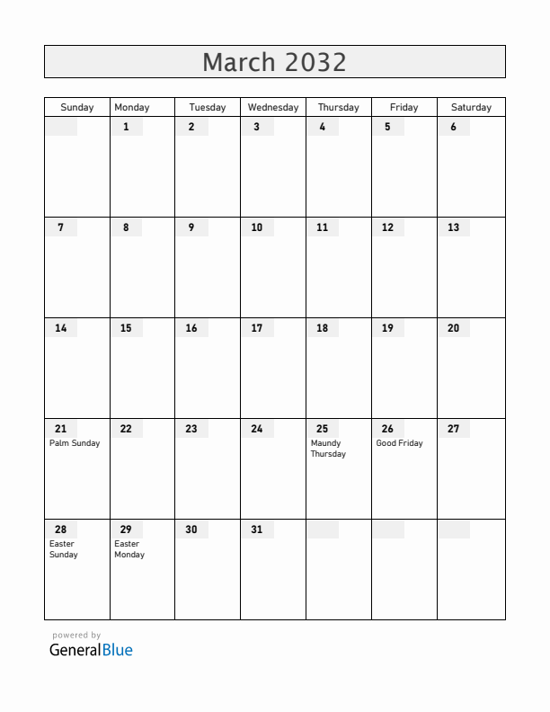 Iceland March 2032 Calendar with Holidays
