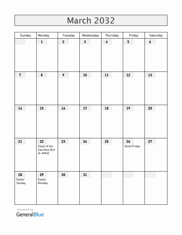 Kenya March 2032 Calendar with Holidays