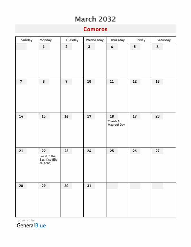 Comoros March 2032 Calendar with Holidays