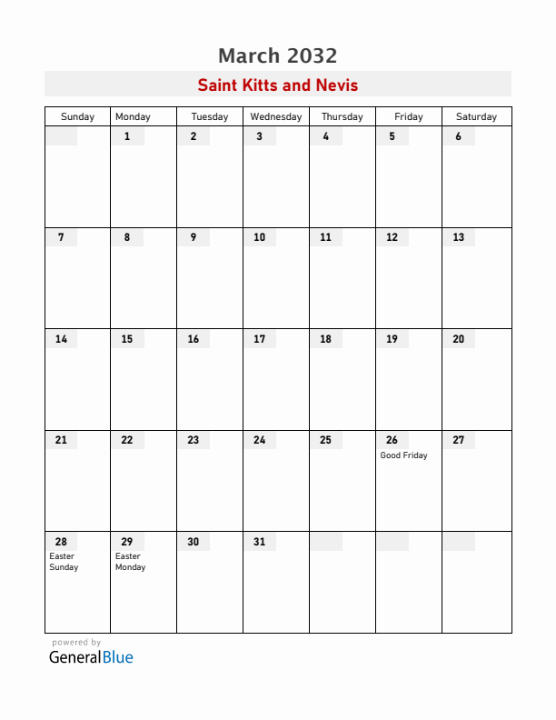 Saint Kitts and Nevis March 2032 Calendar with Holidays