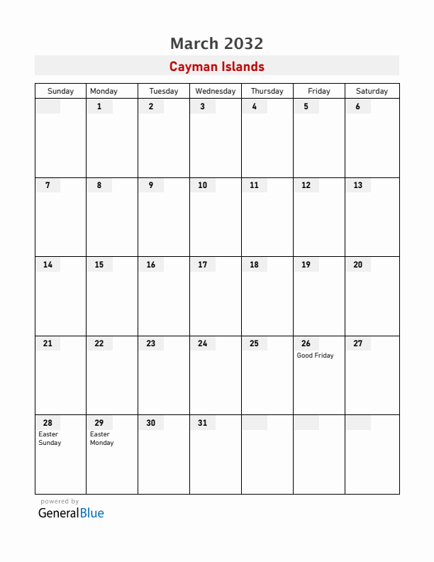 Cayman Islands March 2032 Calendar with Holidays