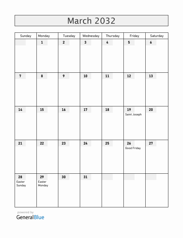 Liechtenstein March 2032 Calendar with Holidays