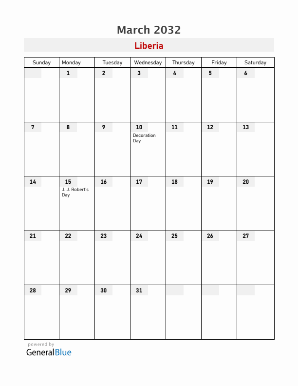 Liberia March 2032 Calendar with Holidays