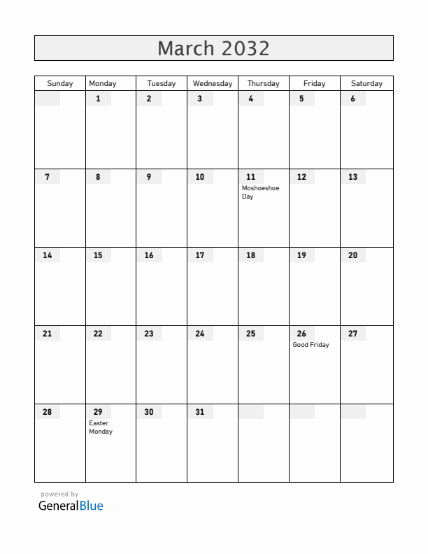 Lesotho March 2032 Calendar with Holidays