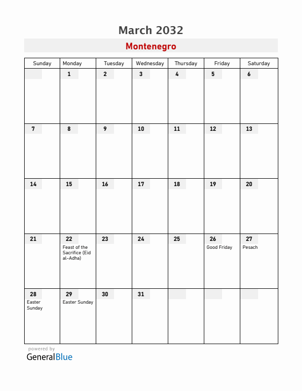 Montenegro March 2032 Calendar with Holidays