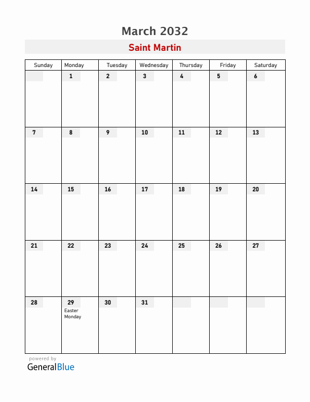 Saint Martin March 2032 Calendar with Holidays