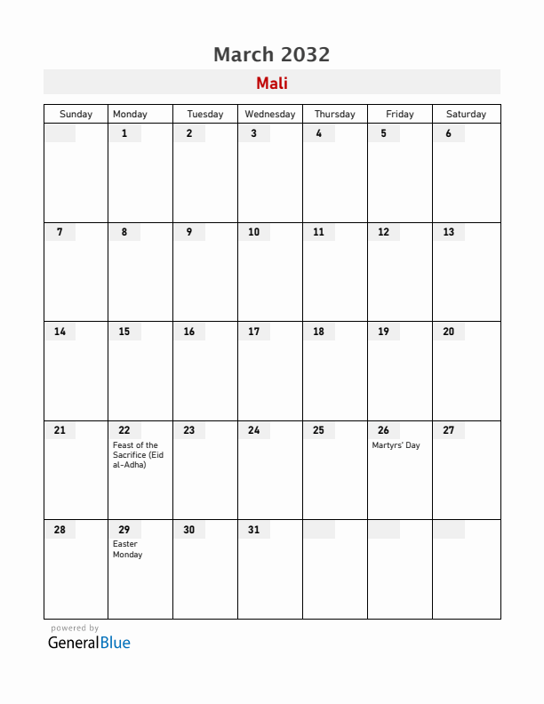 Mali March 2032 Calendar with Holidays
