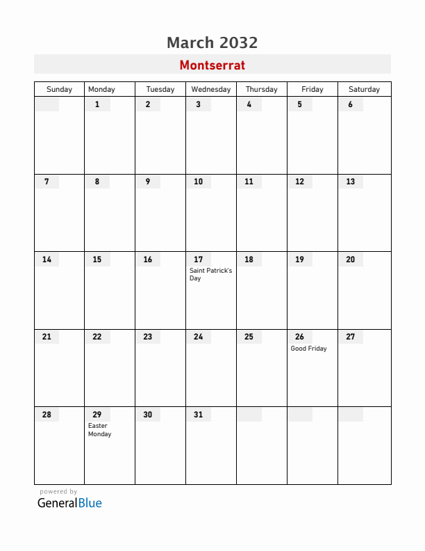 Montserrat March 2032 Calendar with Holidays