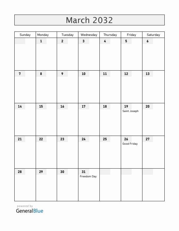 Malta March 2032 Calendar with Holidays