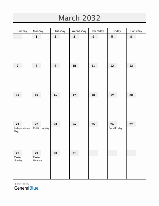 Namibia March 2032 Calendar with Holidays