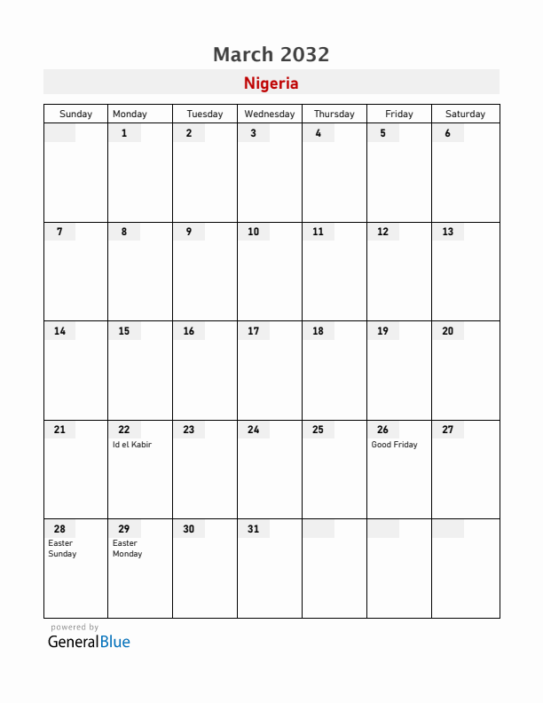 Nigeria March 2032 Calendar with Holidays