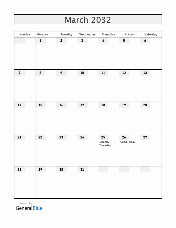 Nicaragua March 2032 Calendar with Holidays