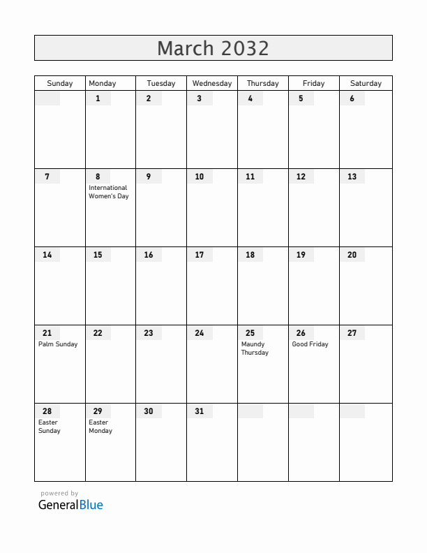 Norway March 2032 Calendar with Holidays