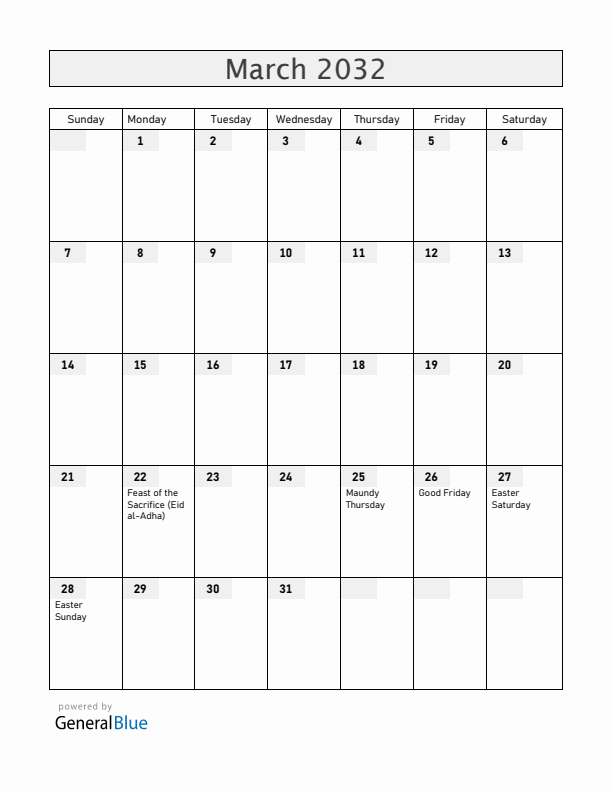 Philippines March 2032 Calendar with Holidays