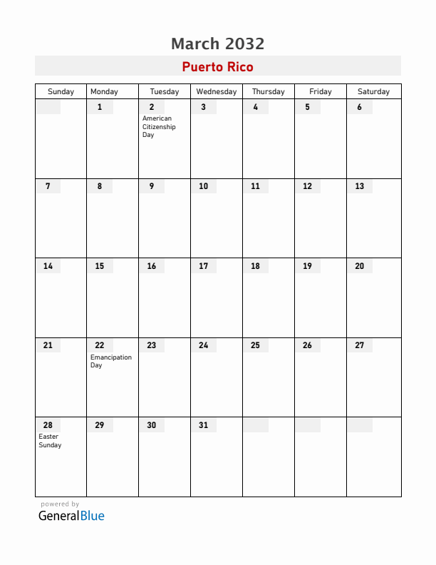 Puerto Rico March 2032 Calendar with Holidays
