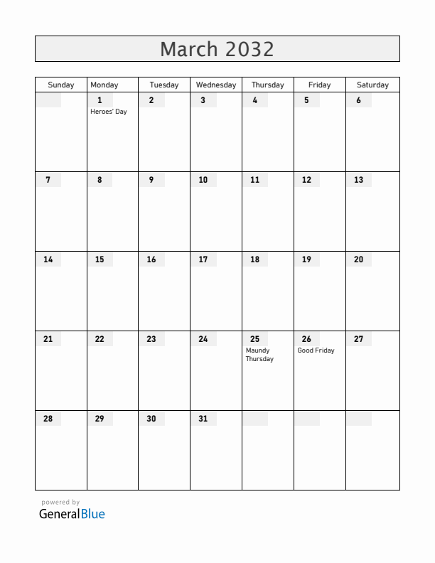 Paraguay March 2032 Calendar with Holidays