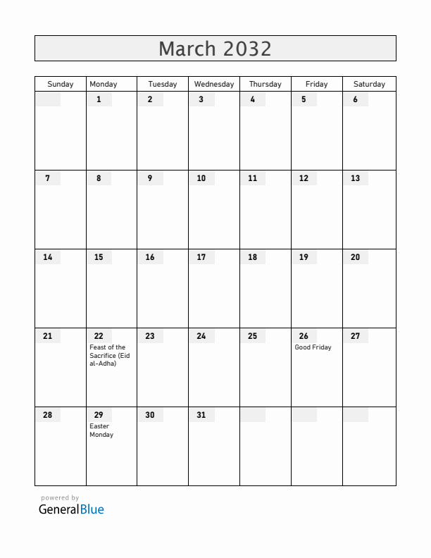 Rwanda March 2032 Calendar with Holidays