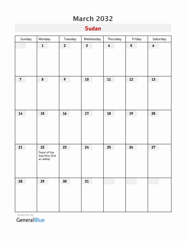 Sudan March 2032 Calendar with Holidays