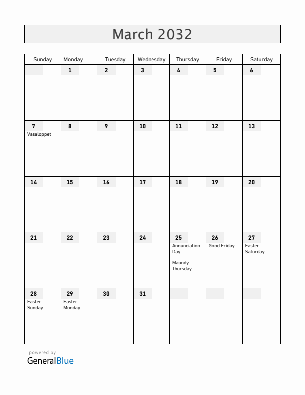 Sweden March 2032 Calendar with Holidays