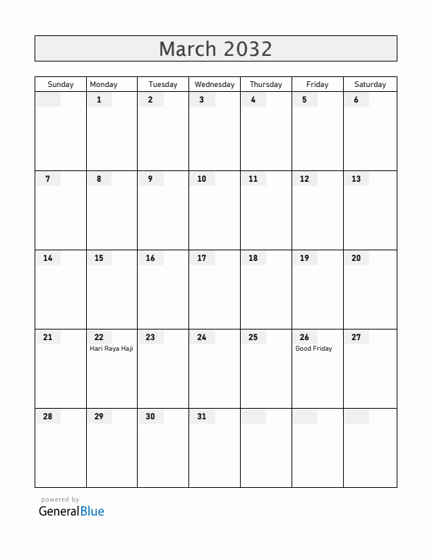 Singapore March 2032 Calendar with Holidays