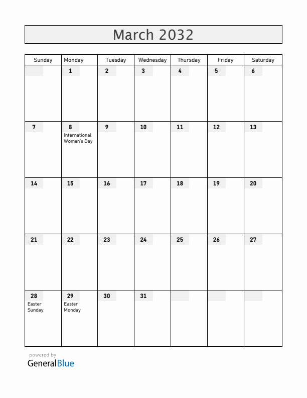 Slovenia March 2032 Calendar with Holidays