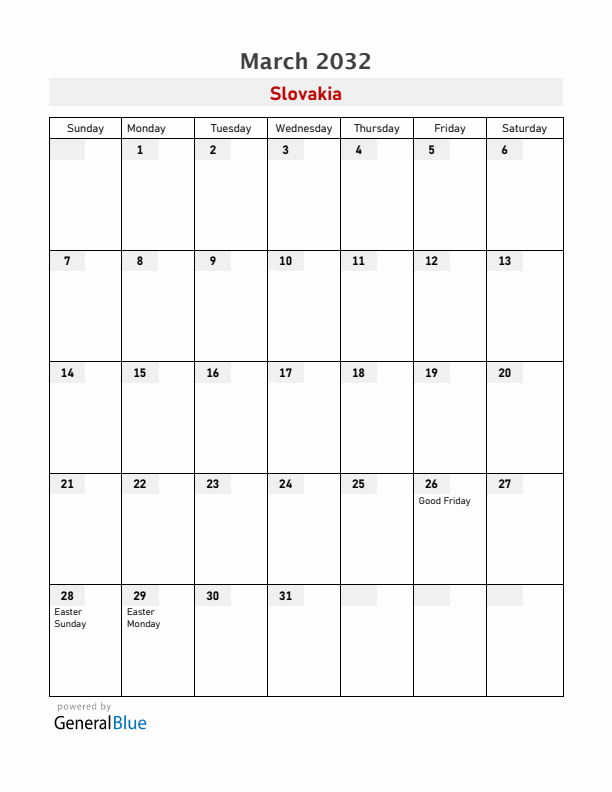 Slovakia March 2032 Calendar with Holidays
