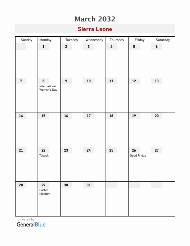 Sierra Leone March 2032 Calendar with Holidays