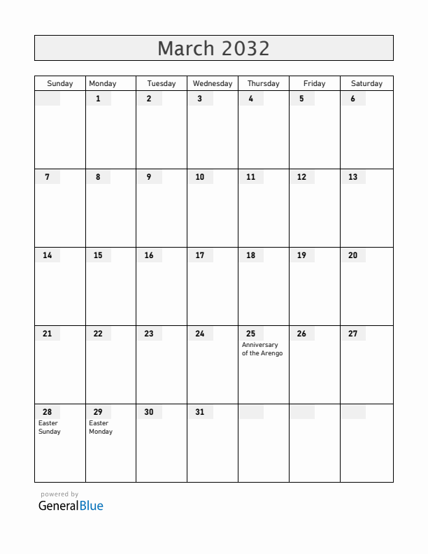 San Marino March 2032 Calendar with Holidays