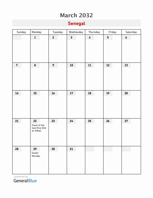 Senegal March 2032 Calendar with Holidays