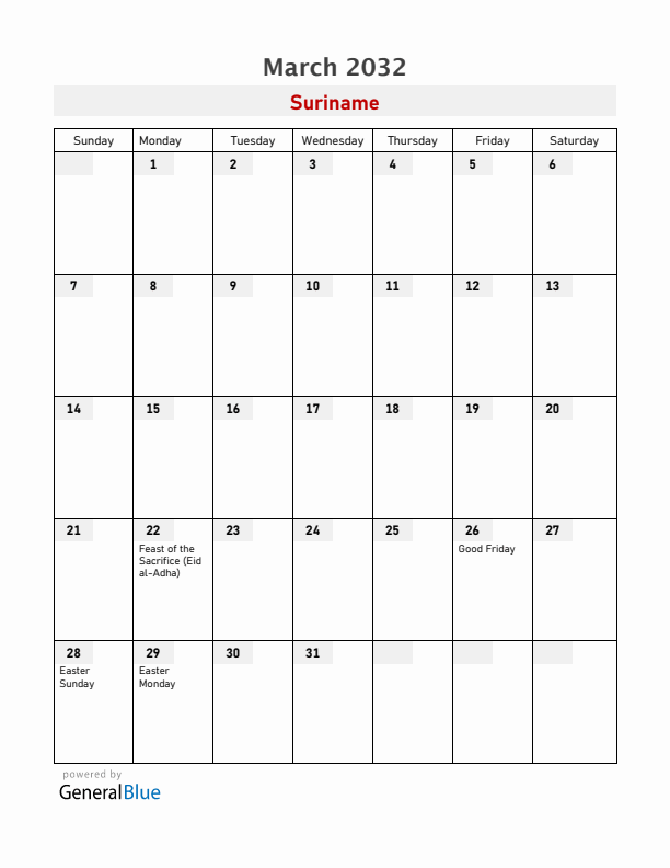 Suriname March 2032 Calendar with Holidays