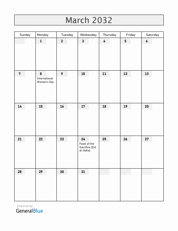 South Sudan March 2032 Calendar with Holidays