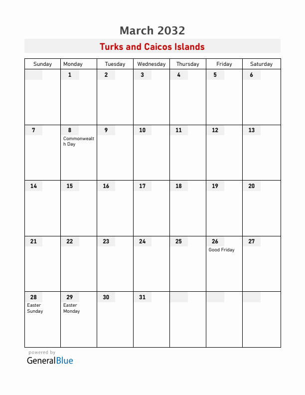 Turks and Caicos Islands March 2032 Calendar with Holidays