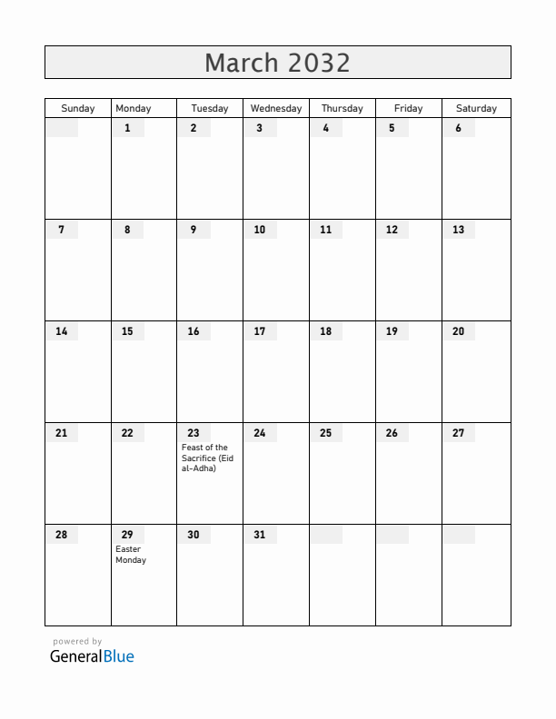 Togo March 2032 Calendar with Holidays