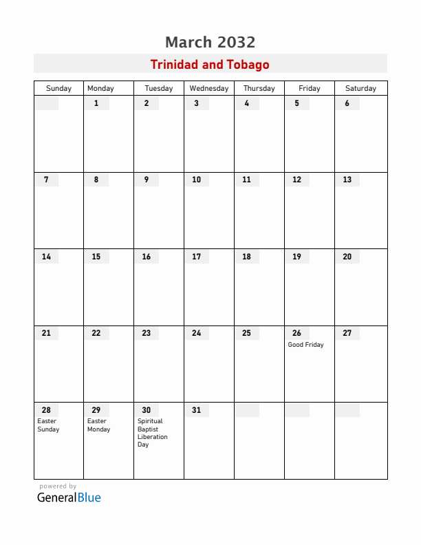 Trinidad and Tobago March 2032 Calendar with Holidays