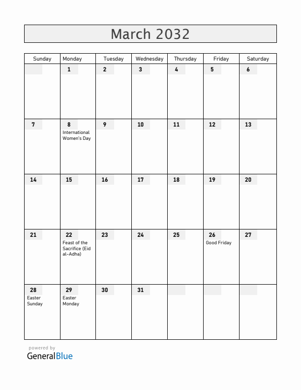Uganda March 2032 Calendar with Holidays