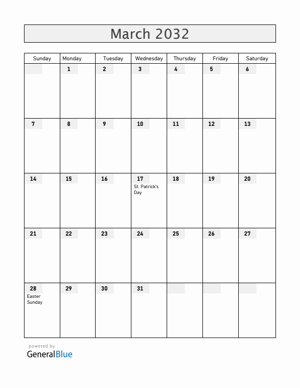 United States March 2032 Calendar with Holidays