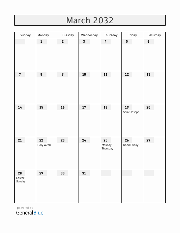 Venezuela March 2032 Calendar with Holidays