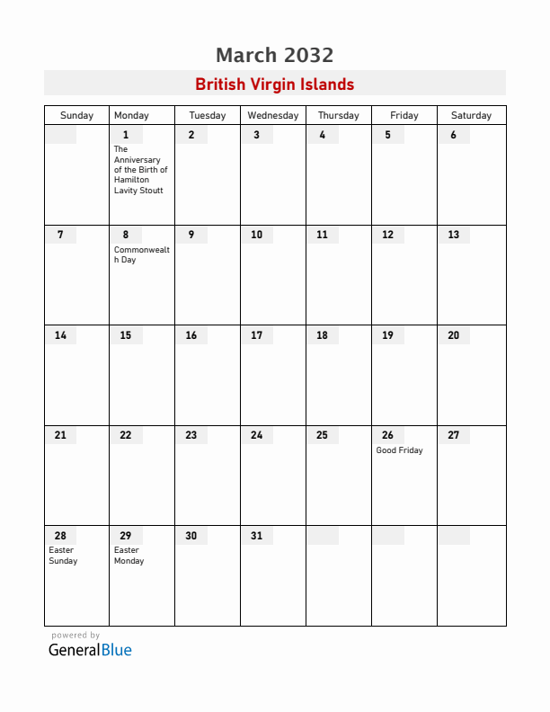 British Virgin Islands March 2032 Calendar with Holidays