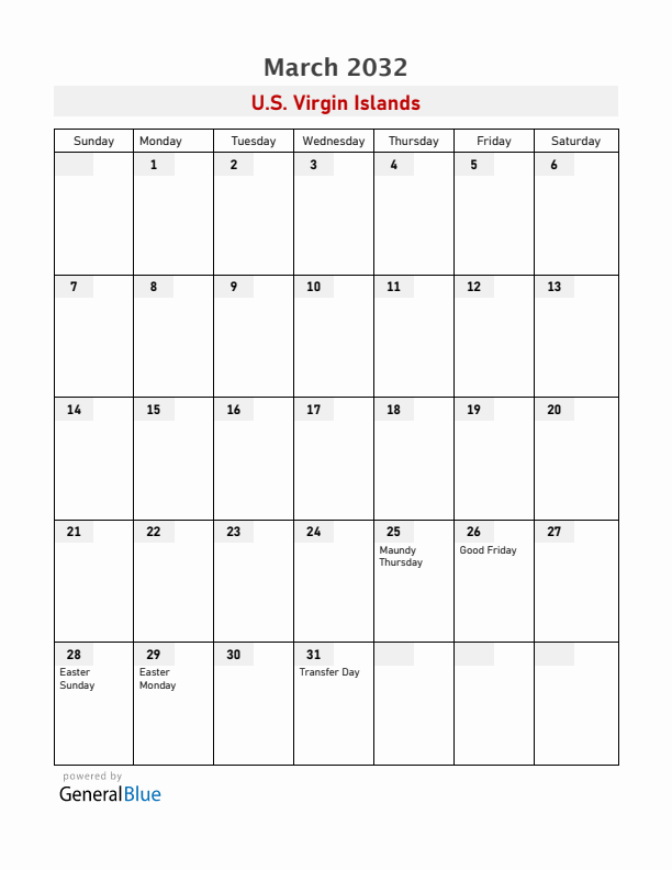 U.S. Virgin Islands March 2032 Calendar with Holidays