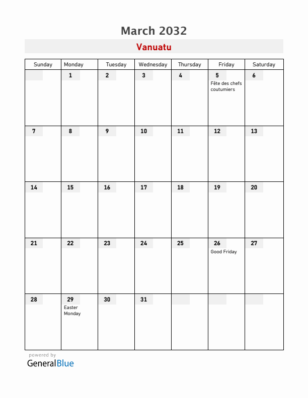 Vanuatu March 2032 Calendar with Holidays