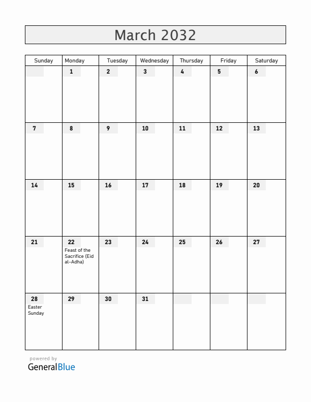 Kosovo March 2032 Calendar with Holidays